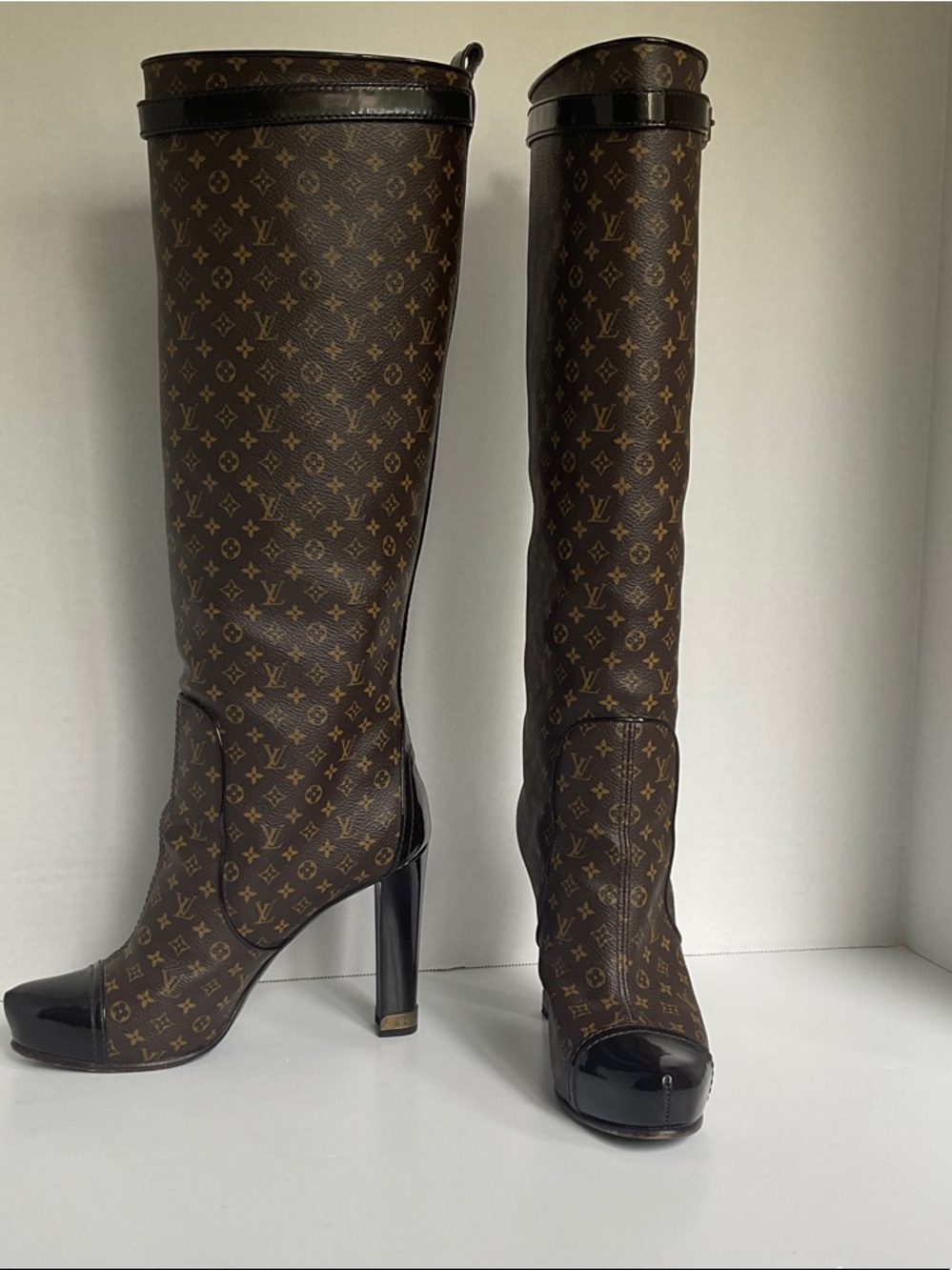 Louis Vuitton Brown Monogram Knee-High Patent-Trim Boots